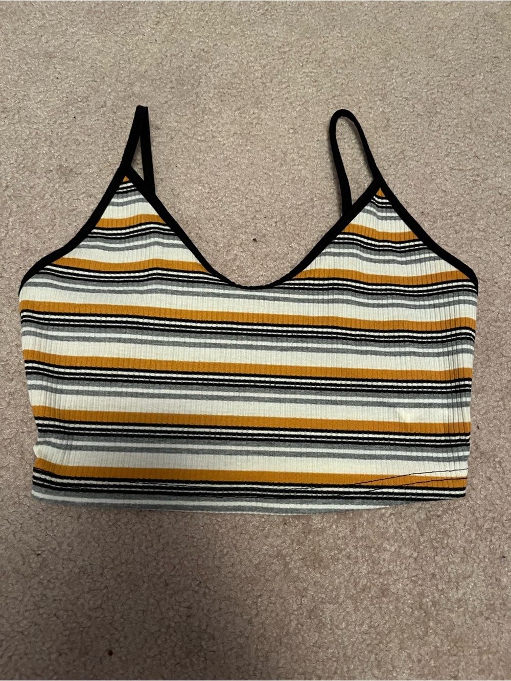 SHEIN Striped V-Neck Ribbed Crop Cami in Mustard, Black, Gray, Cream